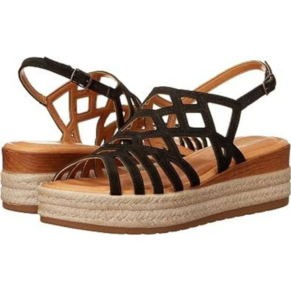 Bella Vita Italy Womens Black Suede Cage Wedge Espadrille Sandals Size 8.5 NEW